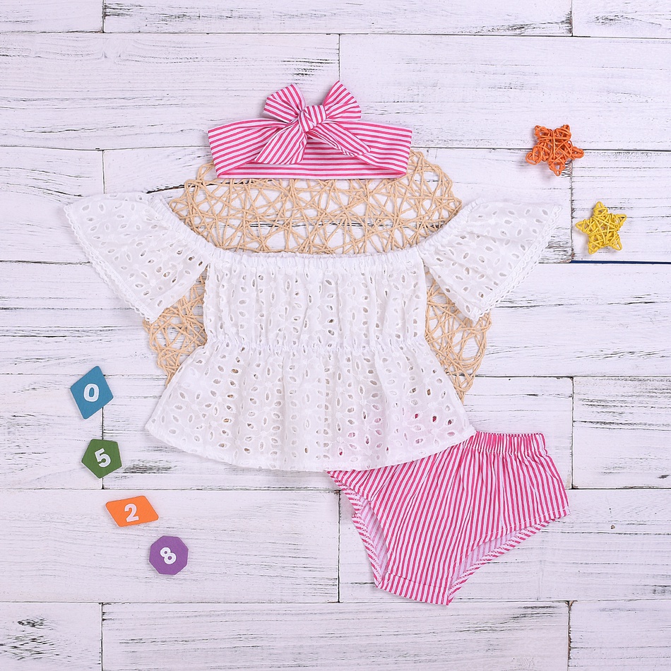 Baby Girl's Hollow Out Top Striped Shorts and Headband Set